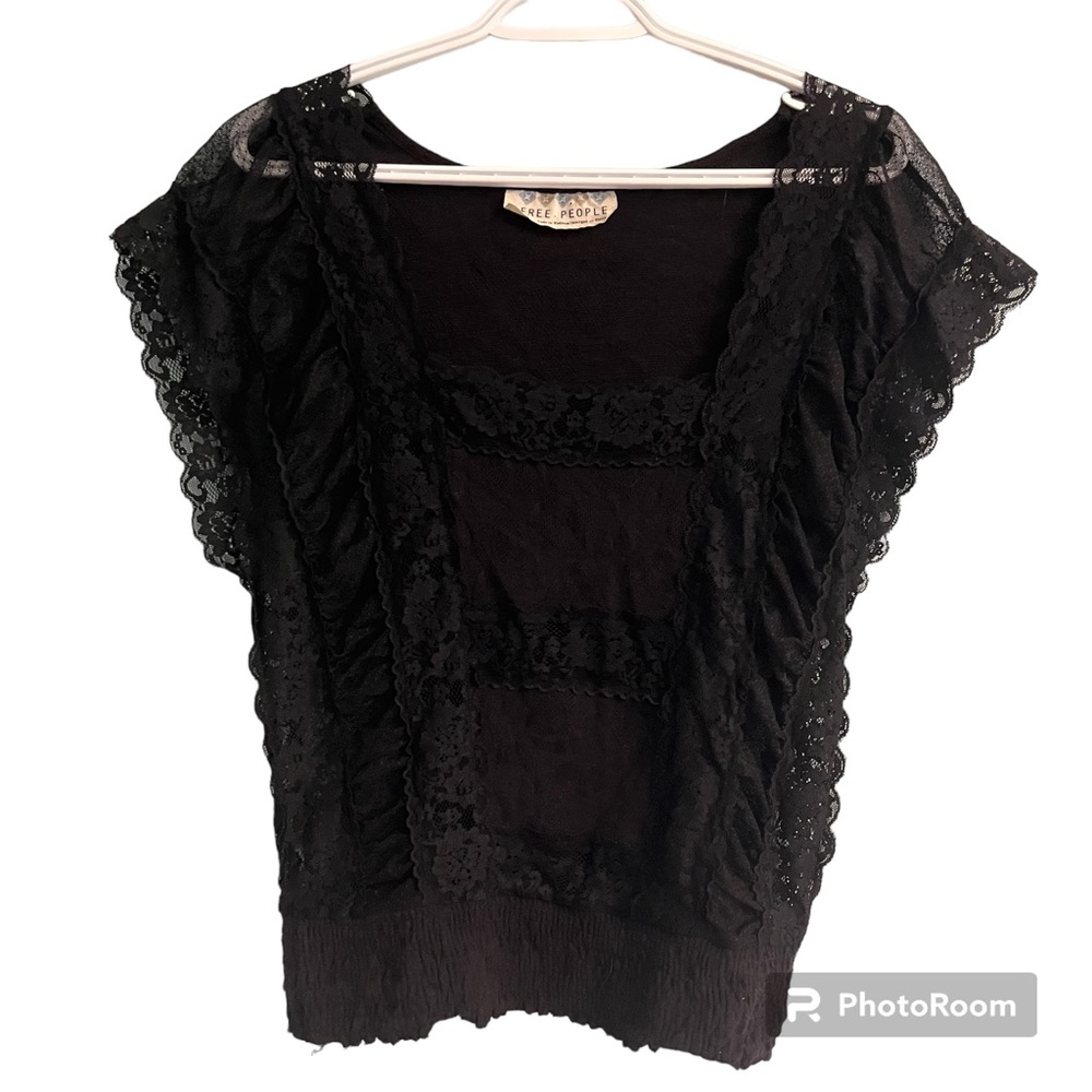 Free People black square neck lace trim short sleeve top size small - Picture 3 of 6